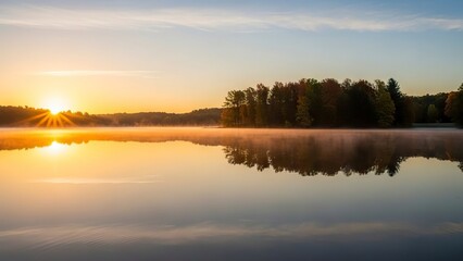 Obraz premium Sun rising over still water casting golden light across a forest and reflecting on the lakes surface