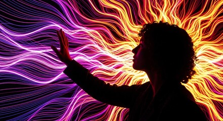 Woman's silhouette touching abstract stream of glowing neon light trails on black background