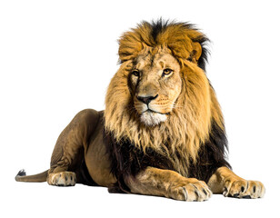 Obraz premium Majestic male big cat lounges against a void. Long mane, intense gaze, relaxed posture