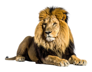 Majestic male big cat lounges against a void. Long mane, intense gaze, relaxed posture