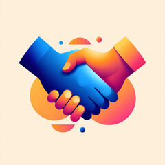 Two stylized hands in a firm handshake representing agreement and partnership with colorful abstract shapes in the background