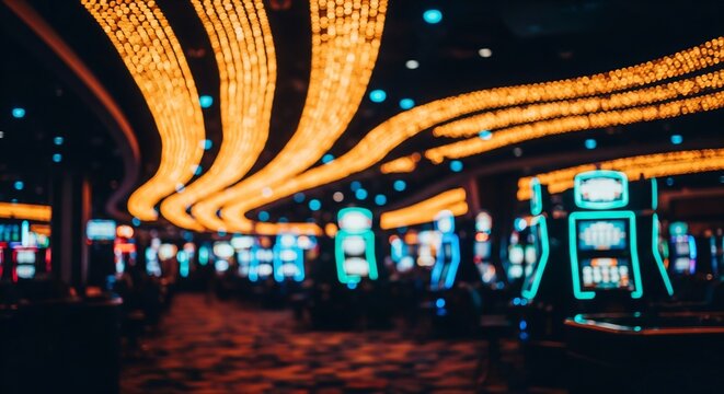 Abstract bokeh background featuring bright casino lights and glowing slot machines.
