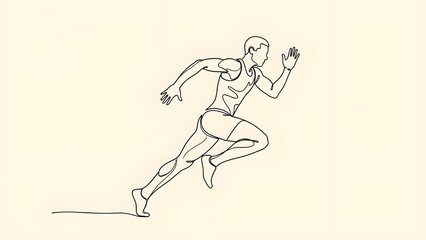 Minimalist continuous line drawing of a male athlete sprinting or running. 