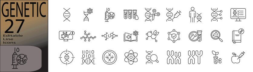 Genetic line editable icon set. Editable stroke. Vector illustration.