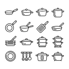 Cookware & Kitchen Pots Icon Set &ndash; Minimal Line Outline Collection