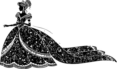 Black silhouette of an ornate princess in a detailed ball gown with a long, flowing train. © Vectors Studio