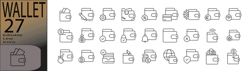 Wallet line editable icon set. Editable stroke. Vector illustration.