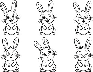 Cartoon rabbit expressions icon set, cute bunny faces, emotional variations, vector graphics, children&rsquo;s theme, character and mood design
