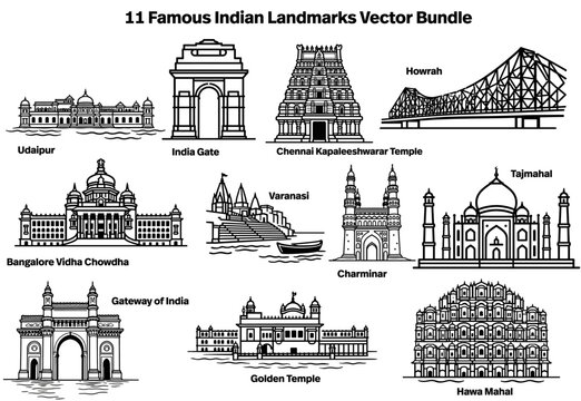 11 Famous Indian Landmarks Vector Bundle - Minimalist Line Art Icons of Taj Mahal, India Gate, and Temples Isolated on White