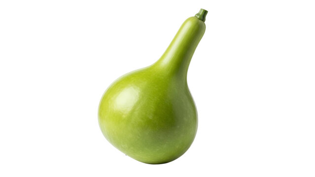 A freshly harvested, vibrant green calabash gourd with a distinctive elegant neck and bulbous base, perfectly isolated on a pure white background.