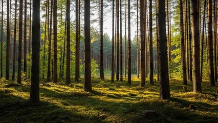 Fototapeta premium A forest scene of tall thin trees with dappled sunlight on a mossy ground