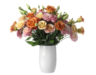 Vibrant bouquet of fresh Eustoma Lisianthus flowers in orange, yellow, pink, peach hues, elegantly arranged in a, isolated on transparent background