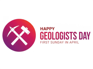 Happy geologists day logo with pickaxe and hammer on colorful circle isolated on transparent background