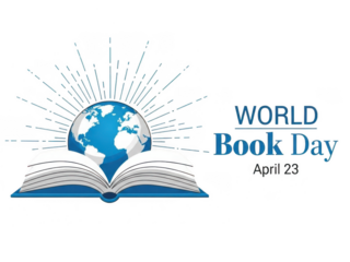 World book day illustration with globe and open book on transparent background