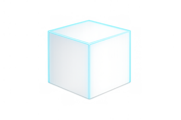 Isometric 3d cube with glowing neon blue edges on a transparent background, depicting a futuristic digital concept