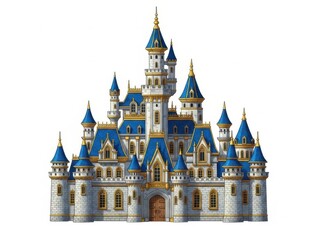 A fairy tale castle with blue and gold towers isolated on white background