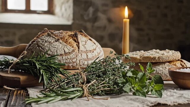Rustic bread loaf with rosemary, candlelight, and sliced loaves on a wooden table, cozy ambiance