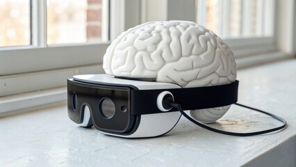 A unique VR headset featuring a brain model, symbolizing the fusion of technology and neuroscience in an innovative and engaging manner.