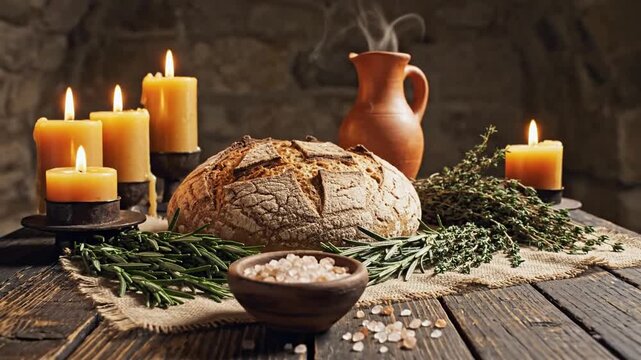 Rustic wooden table hosts a loaf of bread, lit candles, fresh herbs, and a clay jug nearby on a mat!