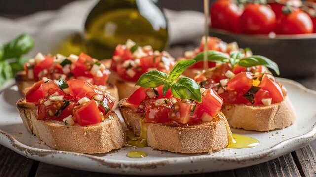 Plate of bruschetta with diced tomatoes, basil, olive oil, and crusty bread slices. With fresh basil