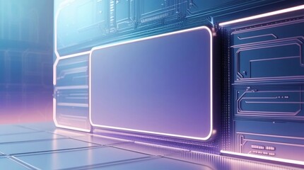 Abstract technology background featuring a digital blue screen display with a modern vector illustration design including a blank computer frame and electronic button icons