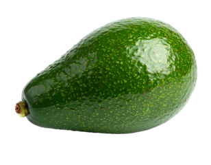 A single, ripe green avocado with a textured skin, isolated on black