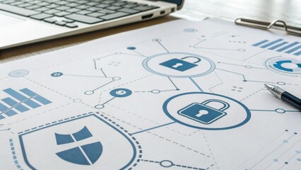 A digital security concept illustration featuring connected lock icons and data protection graphics on a desk with a laptop.