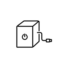 Electronics gadget box icon with power button symbol. Tech product packaging, smartphone box, and hardware delivery concept vector
