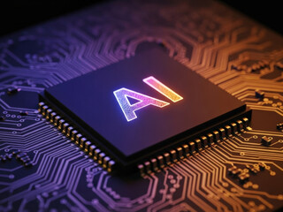 Close-up of a glowing AI chip on a circuit board, symbolizing artificial intelligence
