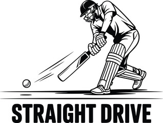 Straight Drive Impact Vector: Cricket Batsman in Black-and-White Gear Executes Classic Shot with Motion Lines and Approaching Ball.