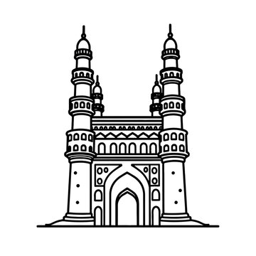 Charminar Hyderabad Vector Icon Historical Mosque Monument Thick Black Line Art Isolated on White