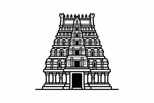 Chennai Hindu Temple Gopuram Vector Illustration South Indian Architecture Thick Line Art Icon