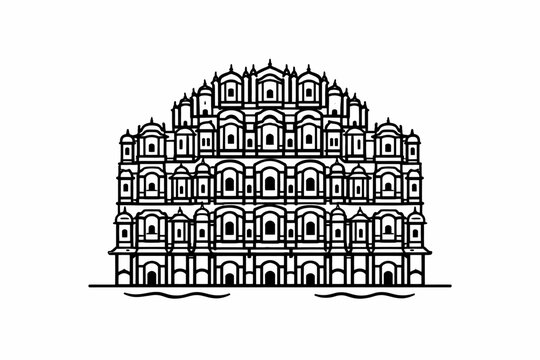 Hawa Mahal Jaipur Vector Illustration Palace of Winds Minimalist Thick Line Art Isolated on White