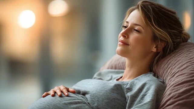 Joyful Expectant Mother Relaxing at Home in Soft Evening Light