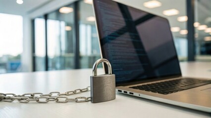 A padlock secured with a chain is attached to a laptop, symbolizing cybersecurity and data protection in a modern office setting.