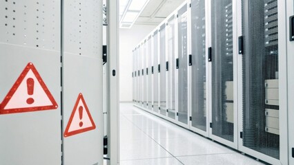 A modern data center corridor featuring server racks, with warning signs indicating potential hazards.