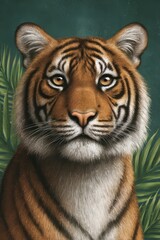 Fototapeta premium Detailed illustration of a regal tiger gazing forward in front of dark green jungle leaves, creating a bold wildlife artwork perfect for posters, prints, or conservation campaigns.