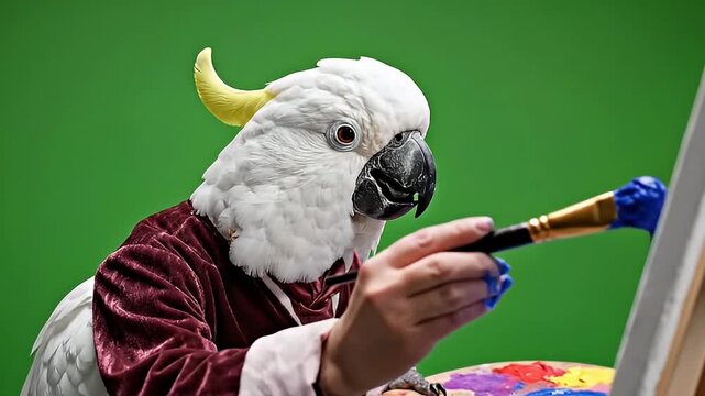 Painting Parrot in Costume on Greens Screen Background, Studio, Creative Art, Close-Up, Whimsical Concept