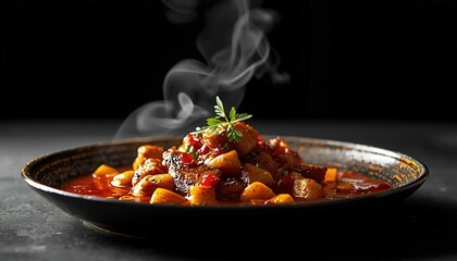 Steaming Culinary Delight: A delectable dish of savory food, artfully presented, steams enticingly against a dark backdrop, showcasing its fresh ingredients and rich flavors.