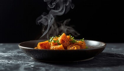 Steaming Delights: Close-up of golden-brown dish with steam rising gently from a dark plate, on a table.