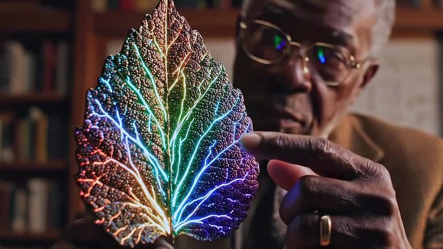Elderly Black botanist examines glowing leaf, holding iridescent skeletonized specimen with rainbow veins, careful hands and eyeglasses, warm library background, vintage suit, soft lighting,