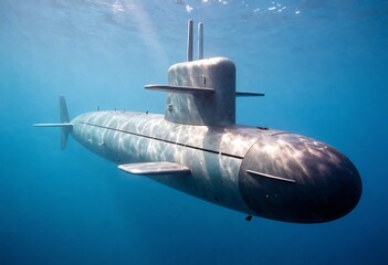 Naklejka premium Modern military submarine illustration, showcasing stealth naval technology underwater. Digital concept emphasizes advanced engineering, submerged vessel operations, maritime defense, tactical warfare