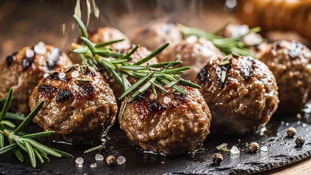 Sizzling meatballs on a dark slate, glaze crust, rosemary sprigs, scattered sea salt. Aromatic bite