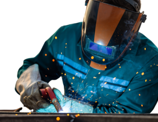 Professional male welder in dark teal uniform and orange helmet, actively welding metal with a torch, producing, isolated on transparent background
