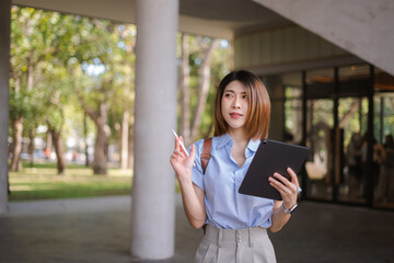 Happy businesswoman presenting or pointing, happy working.
