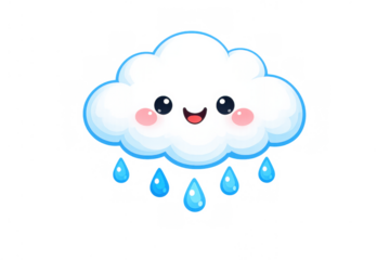 Happy cloud cartoon raining raindrops, smiling weather character illustration with pink cheeks and expressive face, transparent background