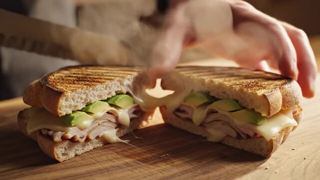 Two hands slice a crusty sandwich on wooden board with a large knife in warm kitchen light cozy den