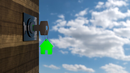 Mortgage. House model and key in house door. Real estate agent offer house, property insurance and security, affordable housing concepts. 3d rendering