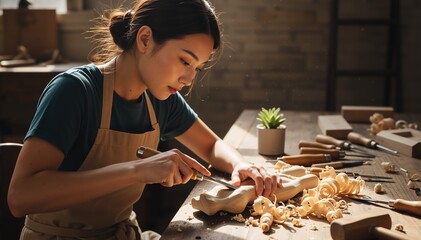 Focused Asian female woodworker carving wood in a workshop. Young artisan woman using a chisel to shape a wooden object with shavings on the table. Carpentry and craftsmanship concept