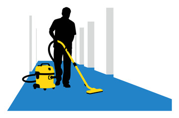 Obraz premium Office Cleaning - Janitor Vacuuming Hallway Vector